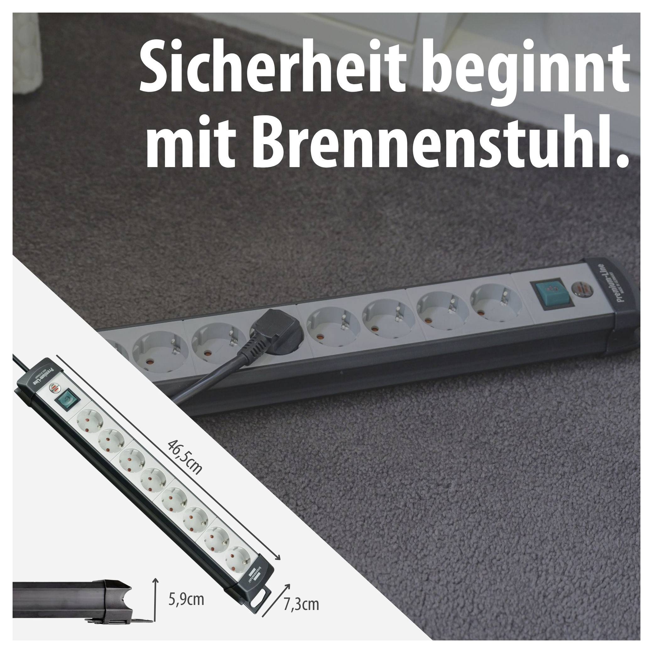 Advertising graphic of a power strip by Brennenstuhl with the slogan 'Safety begins with Brennenstuhl.' and dimensions of 46.5 cm, 5.9 cm and 7.3 cm.