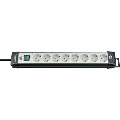 Surge protector power strip with eight outlets, a red reset button, and a green on/off switch, shown with a black cord attached.