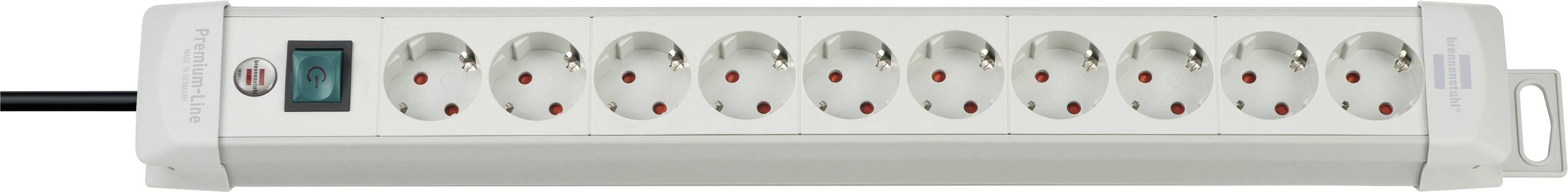 A white power strip with eight outlets, a red on/off switch, and a connected black power cord.<br>