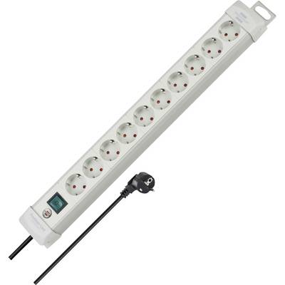 A white power strip with 8 outlets, a blue-lit switch, and attached black power cord on a plain background.