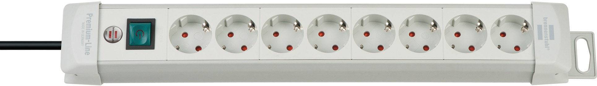 White multi-socket extension lead with eight sockets and an on/off switch, enabling power supply for multiple devices.