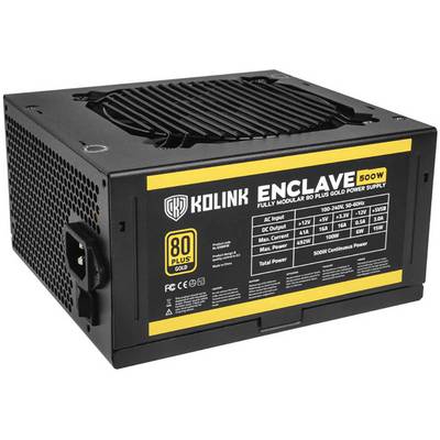 A black and yellow PC power supply with the label 'Kolink Enclave 500W', '80 Plus Gold', displays technical specifications.