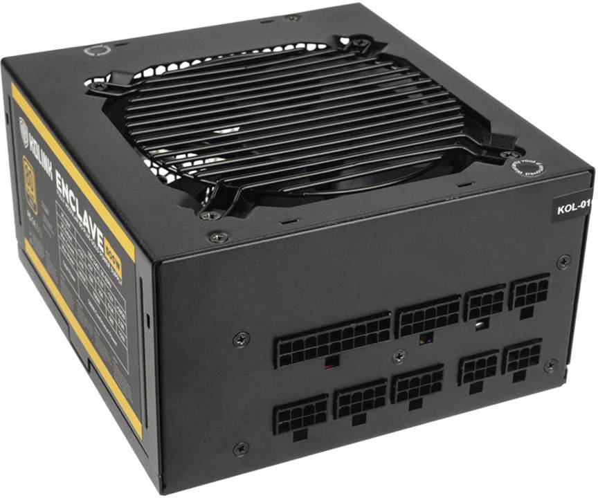 Black computer power supply unit with fan grille and multiple port connectors, suitable for PC cases. 'ENCLAVE' marking on the side.