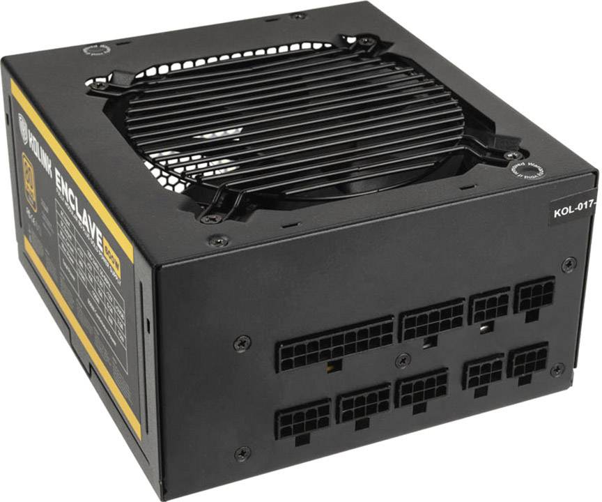 Black computer power supply unit with a fan on top and multiple connection sockets on the side. A yellow label with model information is on the left.