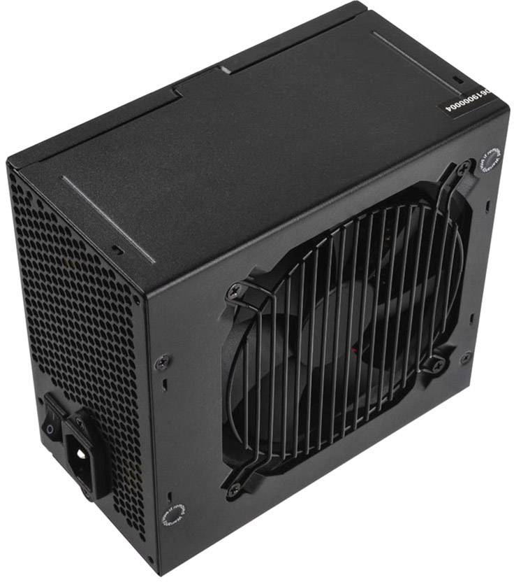 A black PC power supply with a visible fan and a socket for the power cable.
