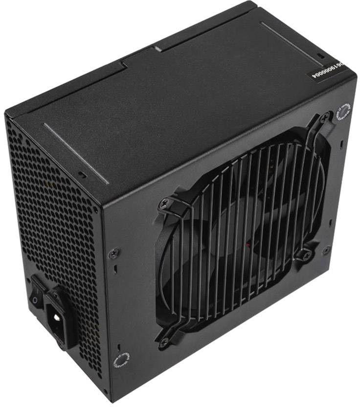 A black PC power supply with fan and power connector.