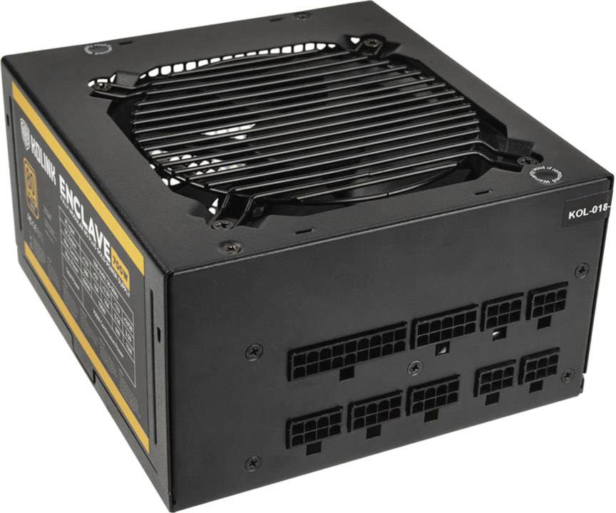 A black computer power supply with a top-mounted fan and multiple socket connections on the side.