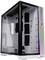 PC case with a glass window, multiple drive bays, RGB strip, and side ports.