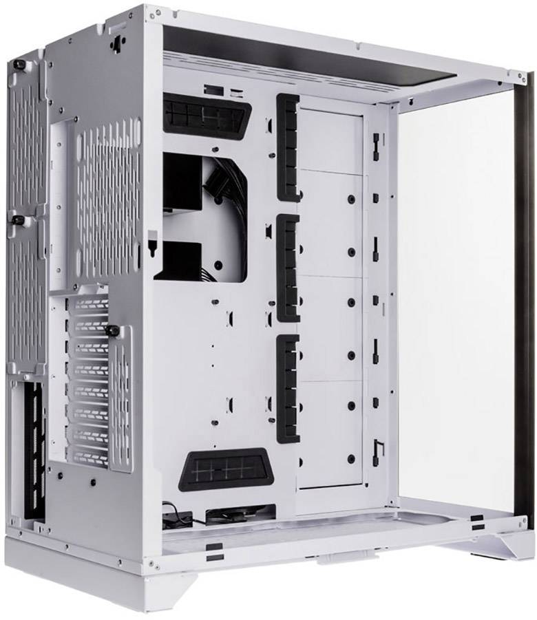 A blank white PC tower case with an open interior and ventilation slots, suitable for installing hardware components.