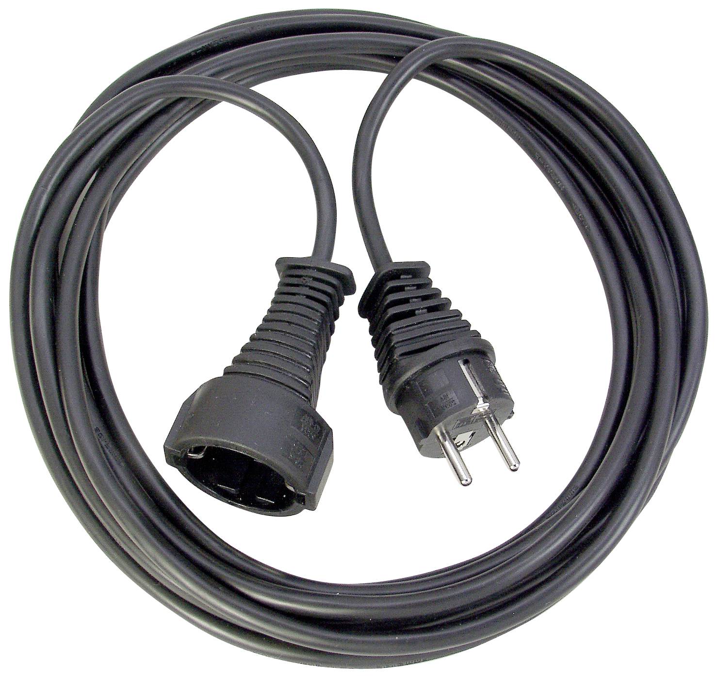 A black network cable with plug and socket adapter lies in coils. Suitable for connecting to electronic devices.