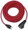 Coiled red electrical extension cord with a two-prong plug on one end and a socket on the other, isolated on a white background.