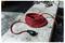 Coiled red power cord with black plug resting on a weathered concrete surface outdoors.