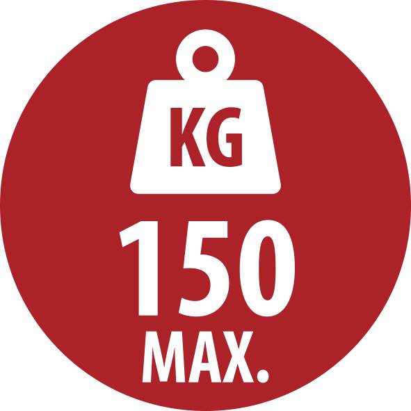 Red circular sign with a weight icon labeled 'KG' and text '150 MAX.', indicating a 150-kilogram maximum load limit.