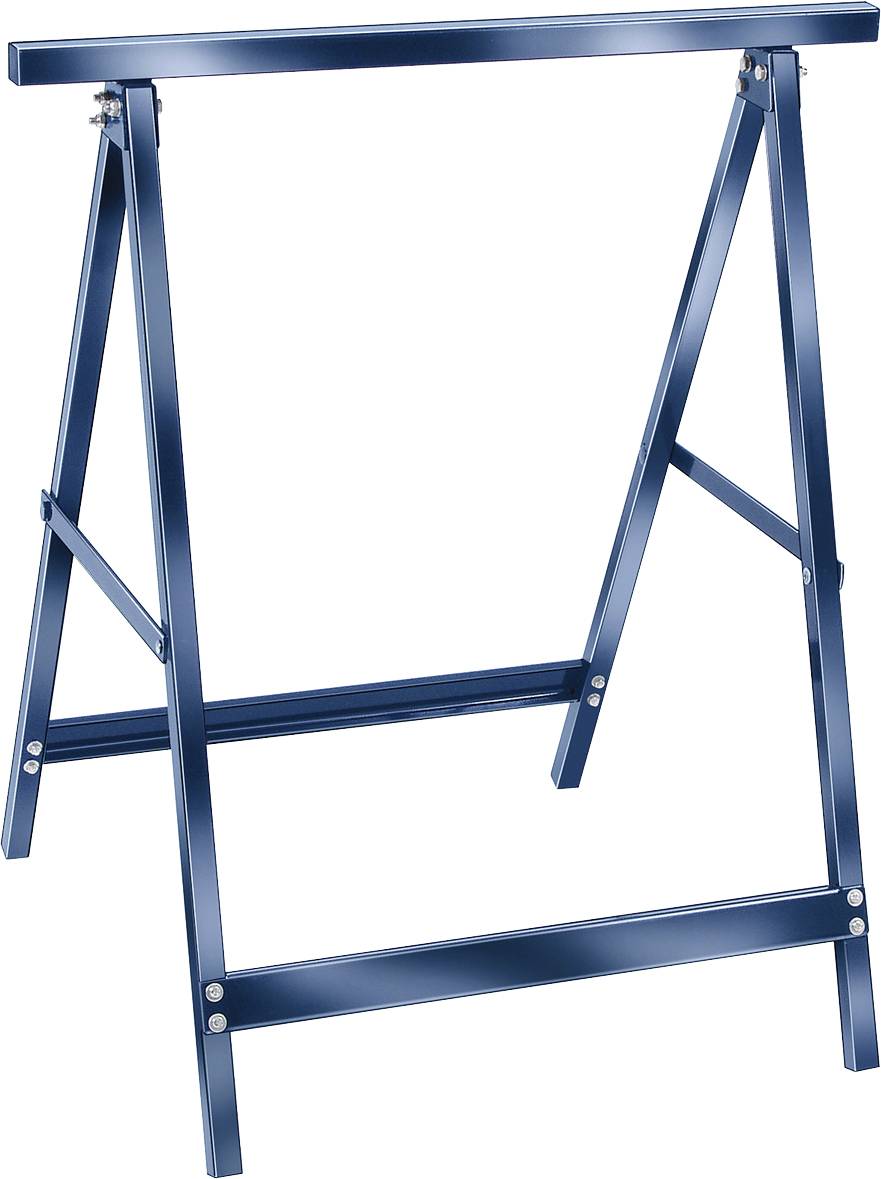 Blue metal sawhorse with adjustable folding legs, shown open and standing alone on a white background.