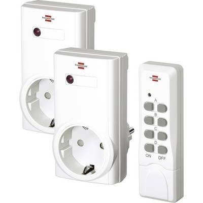 Set of wireless remote-controlled power outlet adapters and a four-button remote labeled A, B, C, and D with on/off controls.
