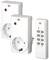 Remote control set with two wireless plug sockets. Sockets feature red status indicator, remote control with buttons A to D, On/Off.
