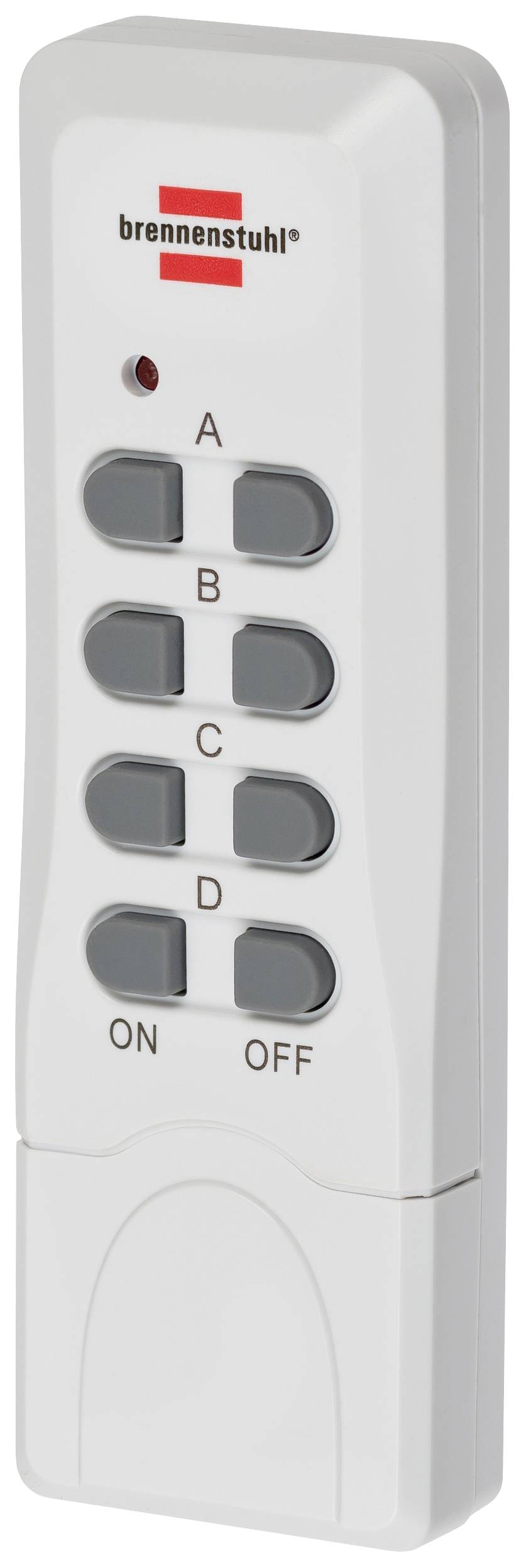 A white remote control with four letter buttons (A, B, C, D) and two function buttons (ON and OFF), brand logo at the top.