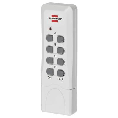 White Brennenstuhl remote control with four gray buttons labeled A, B, C, and D, and ON/OFF controls.