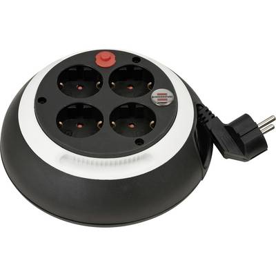 Round black power strip with four outlets, a red power switch, and attached plug on a white background.