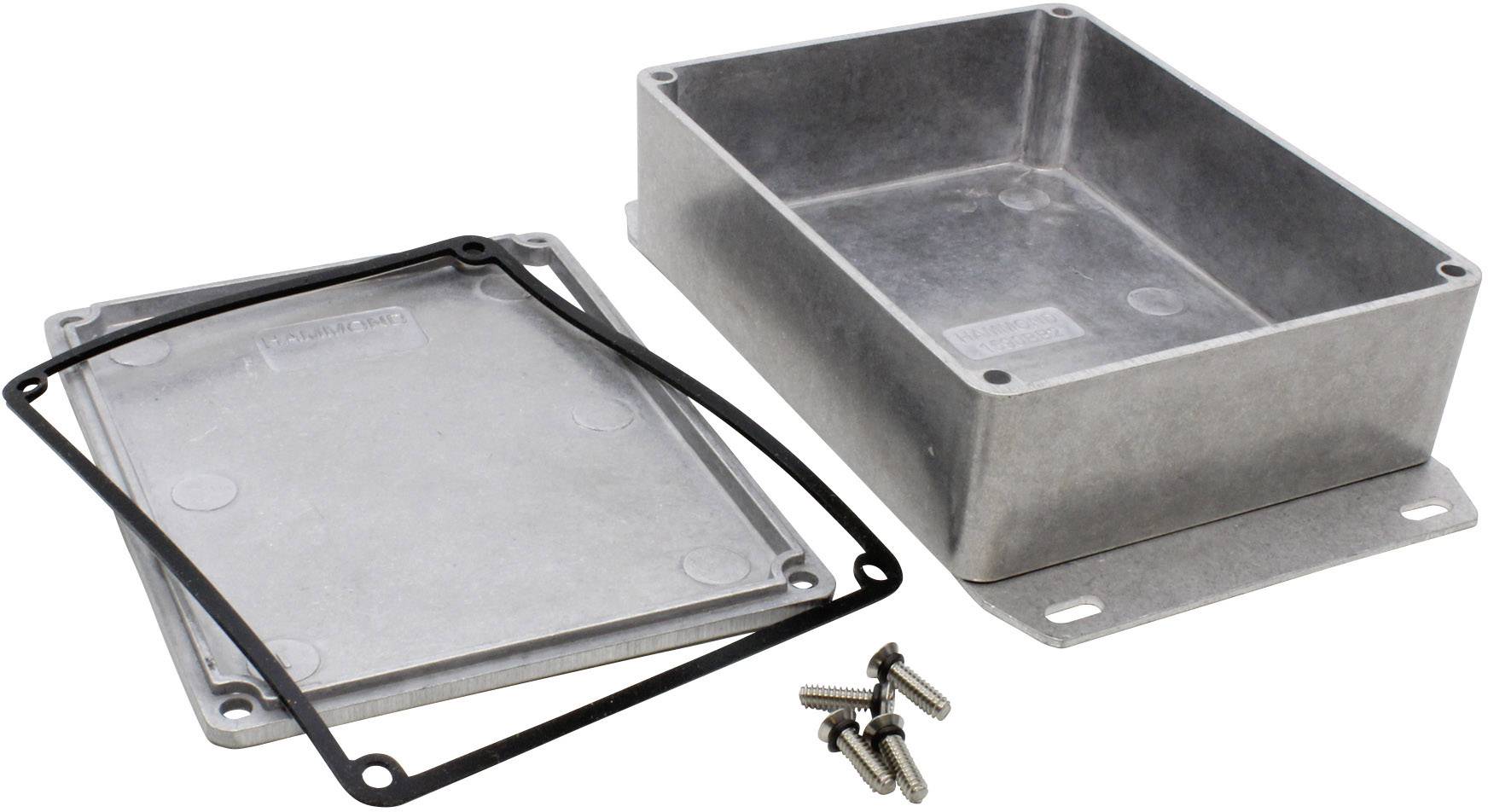 A rectangular metal enclosure with a removable lid, a seal, and four screws. Ideal for electronic components.