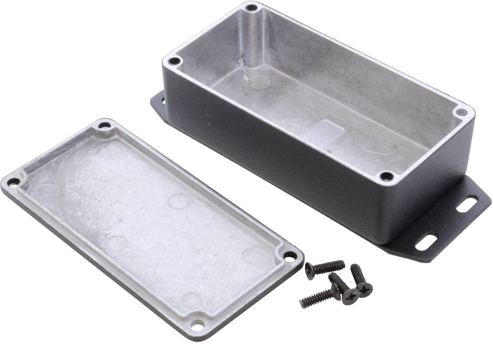 Metal enclosure with removed cover, with four screws lying adjacent. Ideal for protecting electronic components.