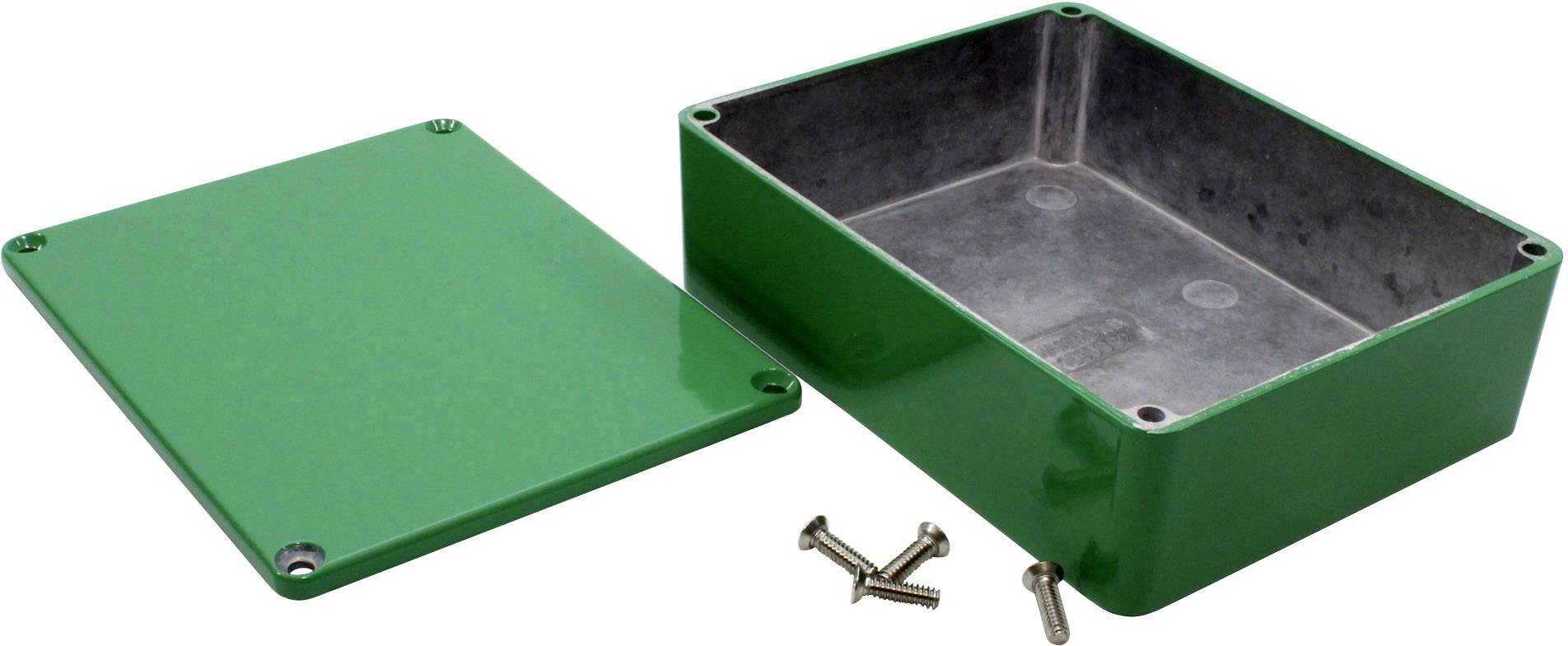 A rectangular, green metal enclosure with a removable lid and four screws. Suitable for housing electronic components.