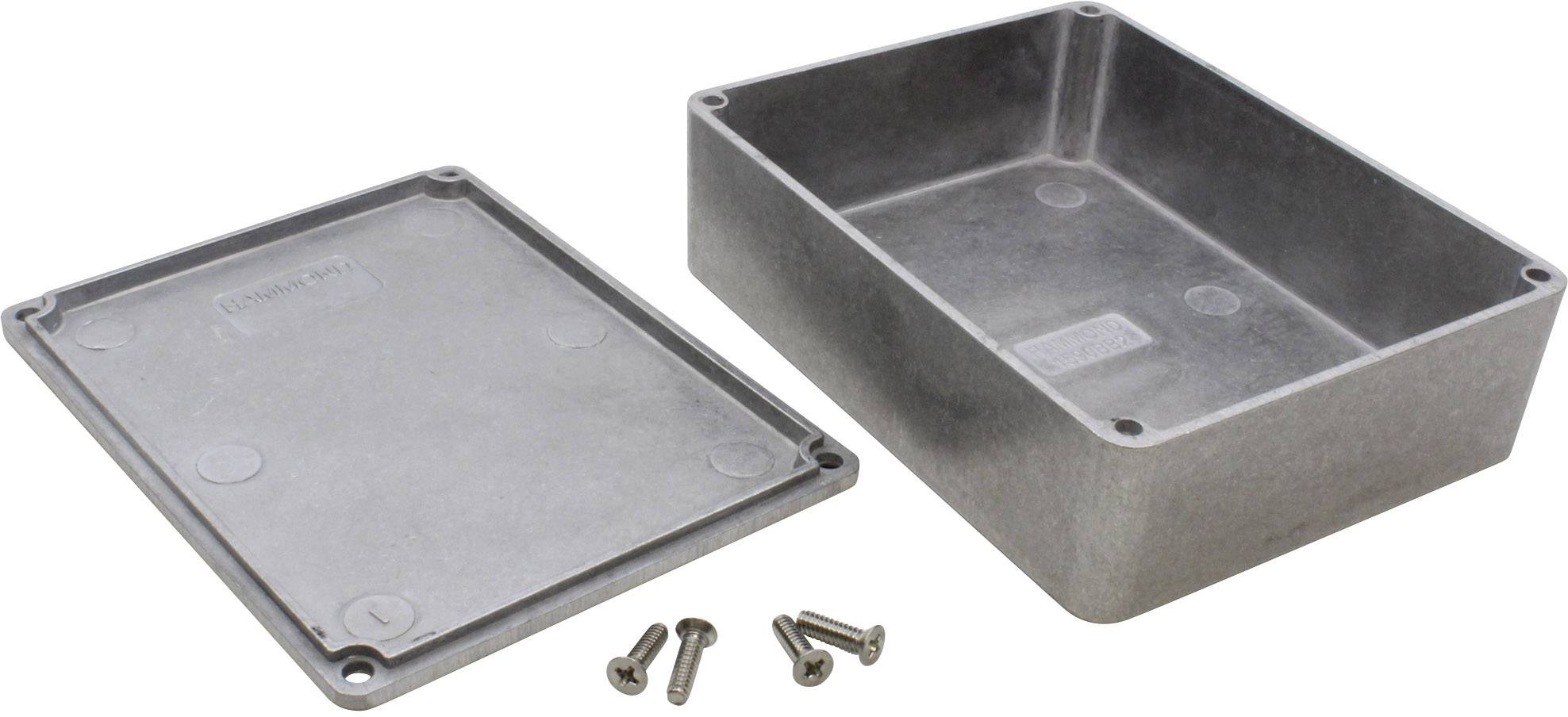 Rectangular metal enclosure with a removable cover, designed for electronic components, shown with four mounting screws.