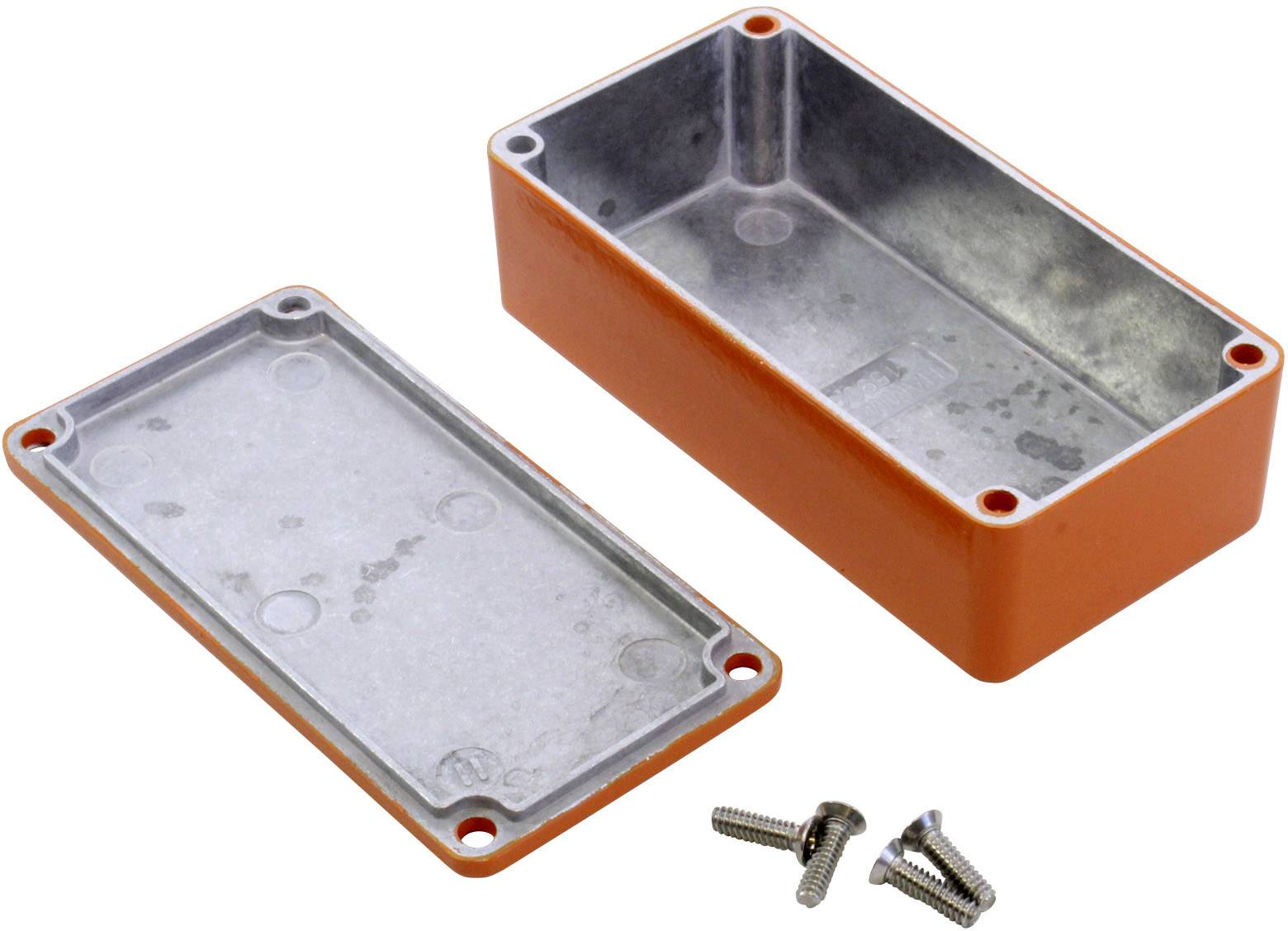 Orange metal casing with removed cover and three screws at the front.