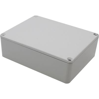 A rectangular, grey metal enclosure with rounded corners and four screws at the corners of the lid.