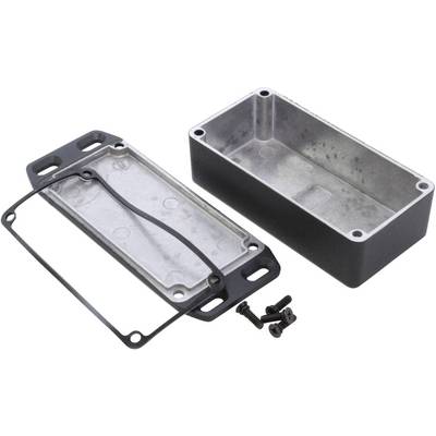 Metallic rectangular enclosure with removed lid, gasket, and screws.