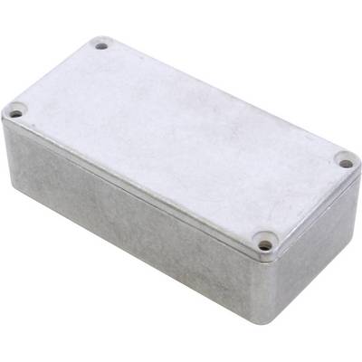 A rectangular, grey metal enclosure with four screws at the corners, typically used for electronic components.