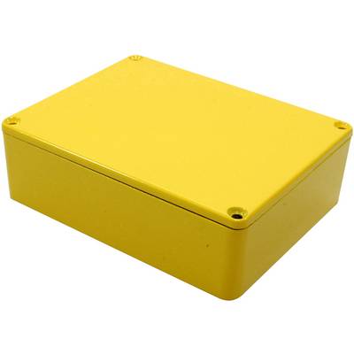 Rectangular, yellow casing with rounded corners and screws at the corners.