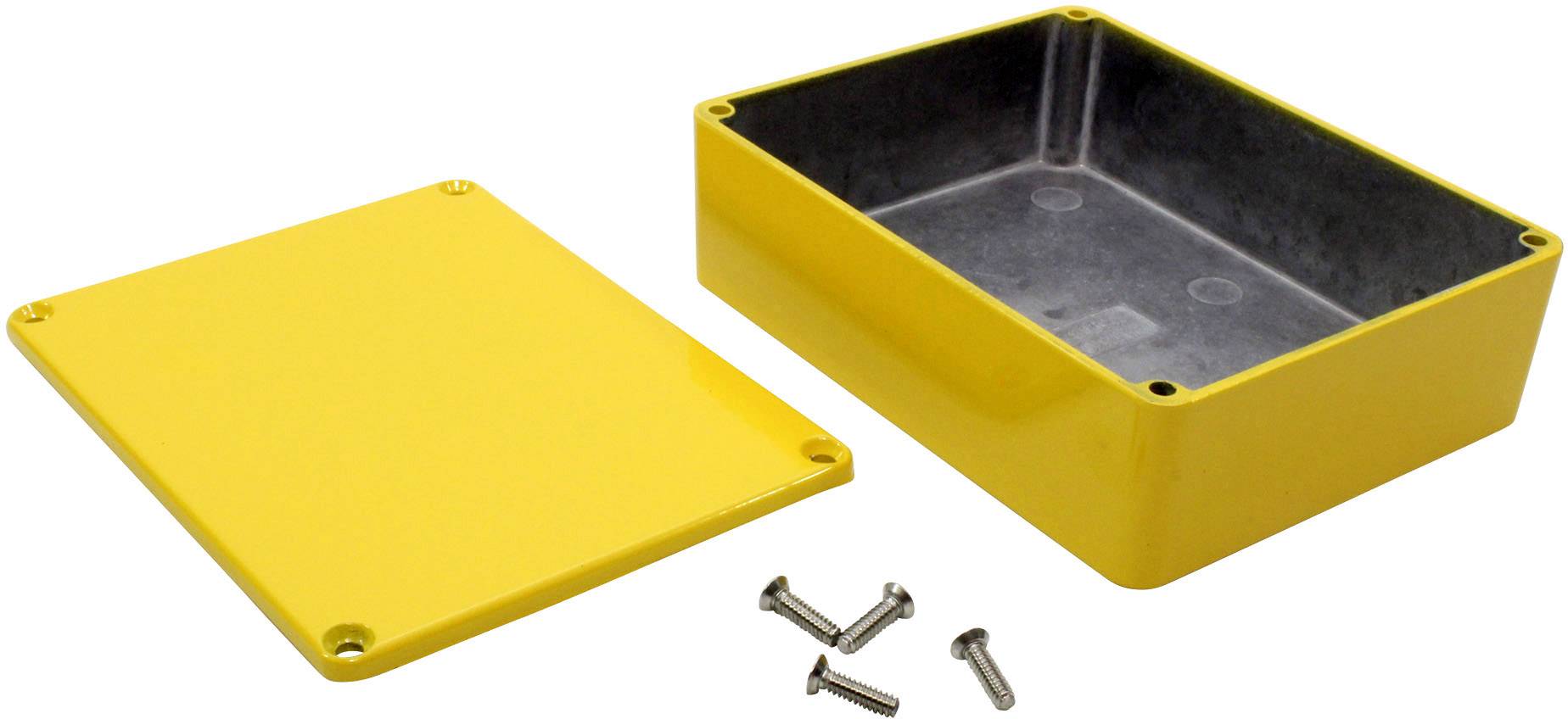 Yellow rectangular metal enclosure, taken apart; two parts and four screws. Used for electrical installations.