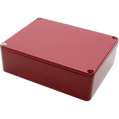 Red rectangular metal box with rounded corners and screws at each corner of the lid.