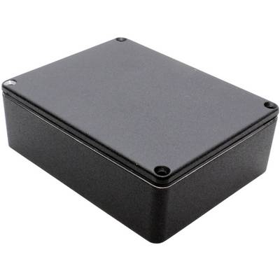 A rectangular, black plastic enclosure, closed with screws at the corners.