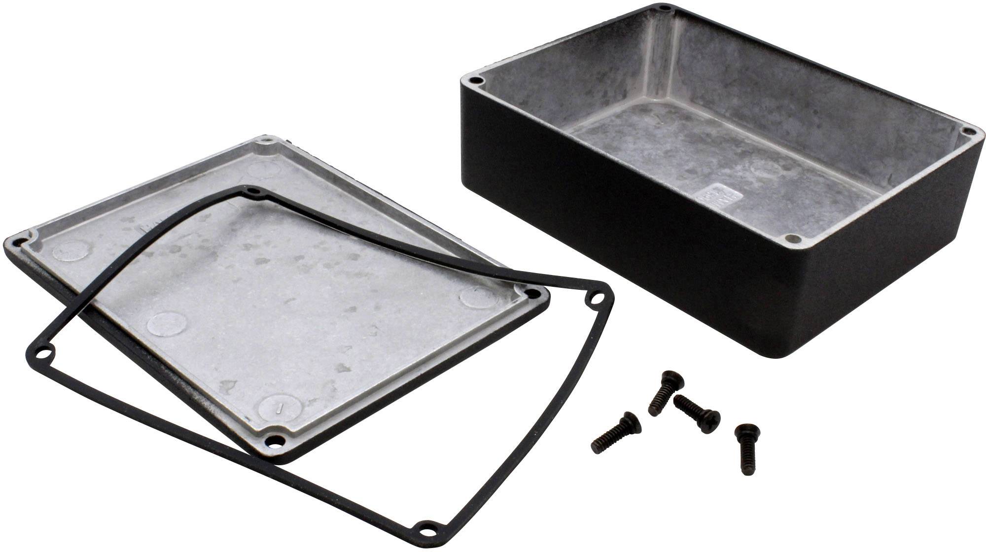 Metal enclosure with removed lid, seal, and four screws. Enclosure for electrical or electronic devices.