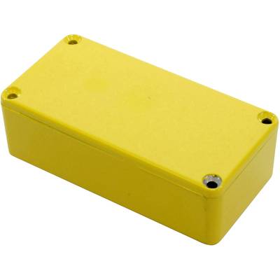 A yellow rectangular plastic casing with a removable lid and four screw holes at the corners, situated on a white surface.