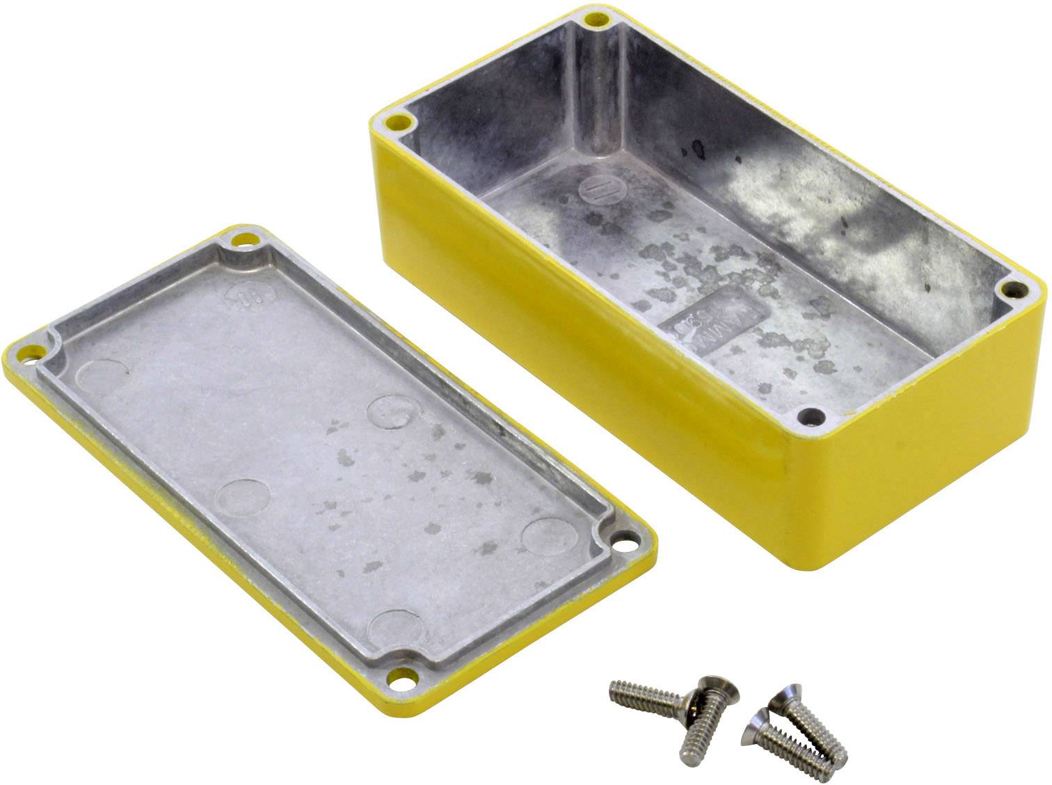 Yellow rectangular metal enclosure with removed lid and four screws.