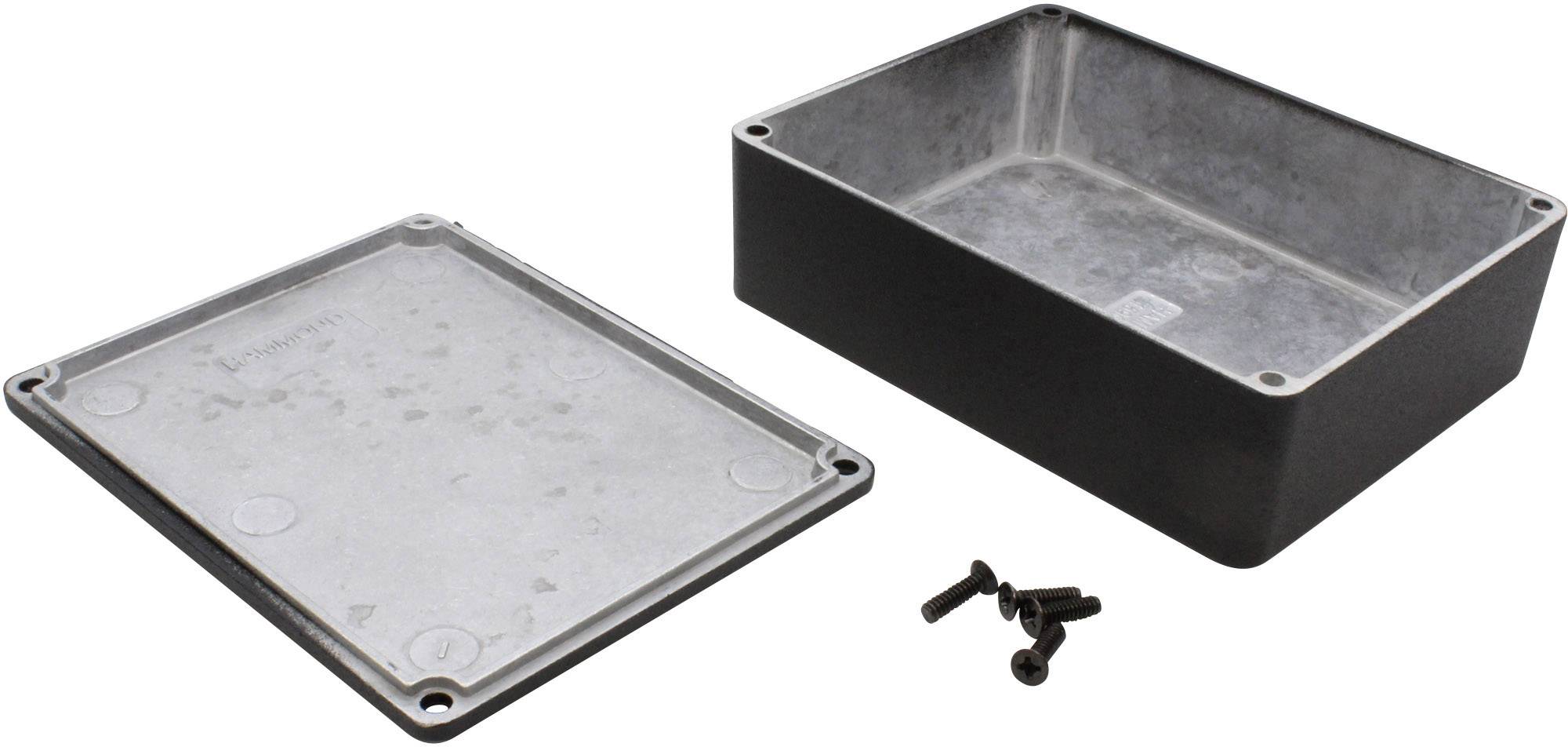 Metal enclosure in two parts, lid and base, with four screws. Suitable for protecting electronic components.<br><br>Note: The translation is already in British English, so no changes were needed.