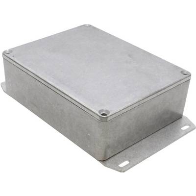 Rectangular metal enclosure with rounded corners and two mounting tabs on one narrow side, with no visible openings.