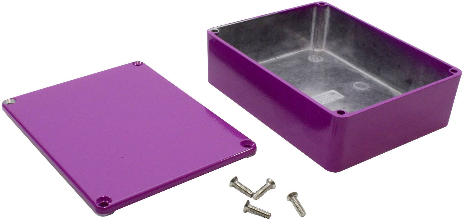Purple metal enclosure with removed cover and four screws.
