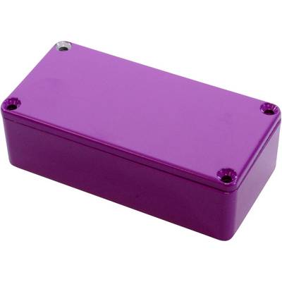 Rectangular purple metal enclosure with four round screw holes, suitable for electronic applications.