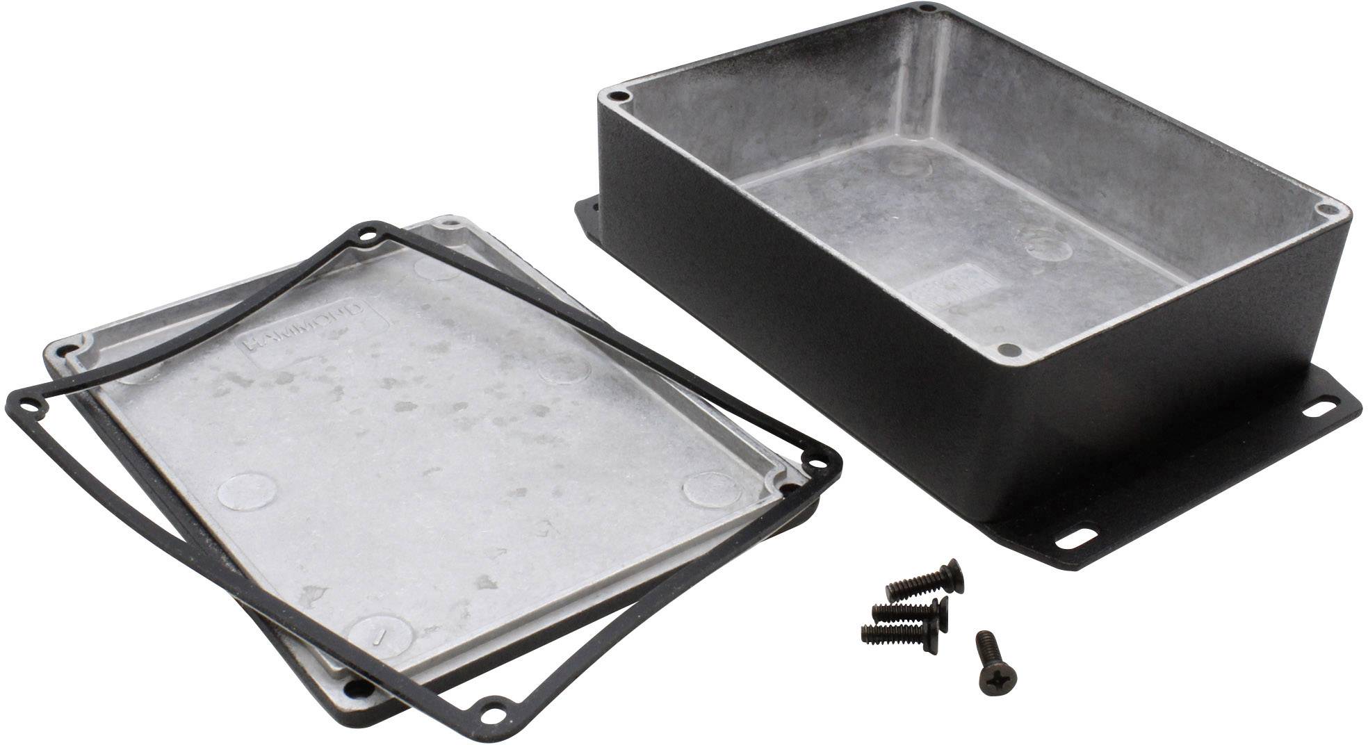Metal enclosure kit consisting of two lids, a seal, and four screws, suitable for mounting electronic components.