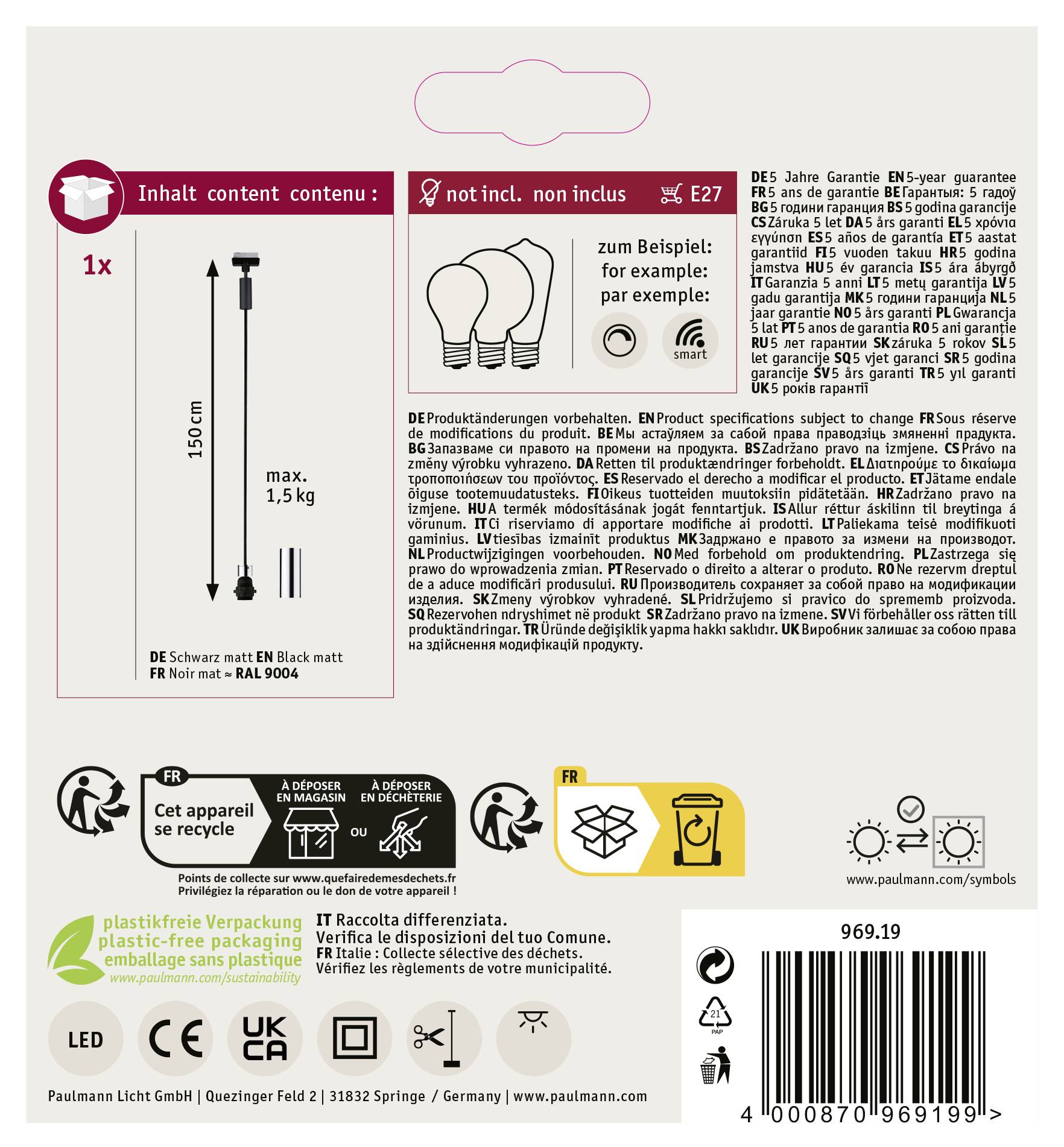 'Paulmann' Packaging: Information on a flexible extension cable, max. 150 cm and capable of supporting up to 15 kg. Colour specification: RAL 9004. Warranty: 5 years. Symbols for application and sustainability.