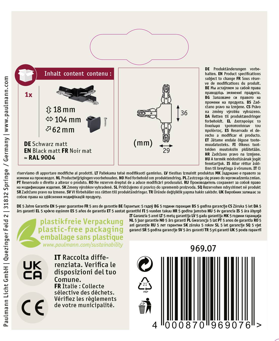'Paulmann Licht' packaging label with product description, dimensions, colour (matt black, RAL 9004) and disposal instructions. Includes symbols for recycling and various certifications.