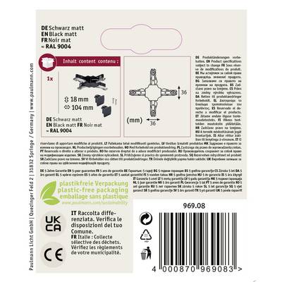 'DE-Matt black, EN-Matt black, FR-Matt black.' Content shows a black, cross-shaped connector for 18-mm hollow tubes, plastic-free packaging.