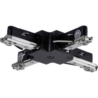 Hinge with four symmetrical arms, which can be used for door mounting. Mounted on a black base.