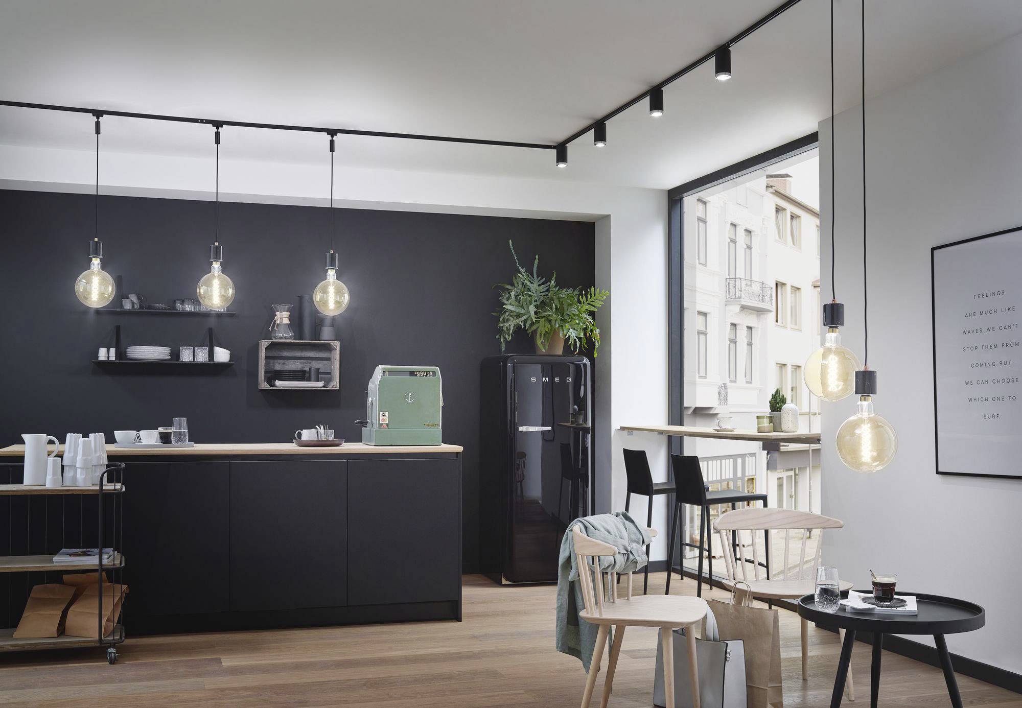 Modern kitchen with black cabinets and wooden accents, pendant lights and plants; window offers view of urban surroundings.