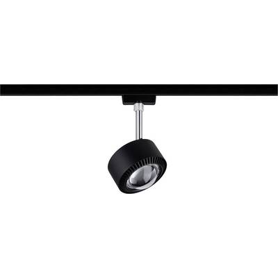 A black track light with a modern design, mounted on a ceiling track. Suitable for targeted lighting in interior spaces.
