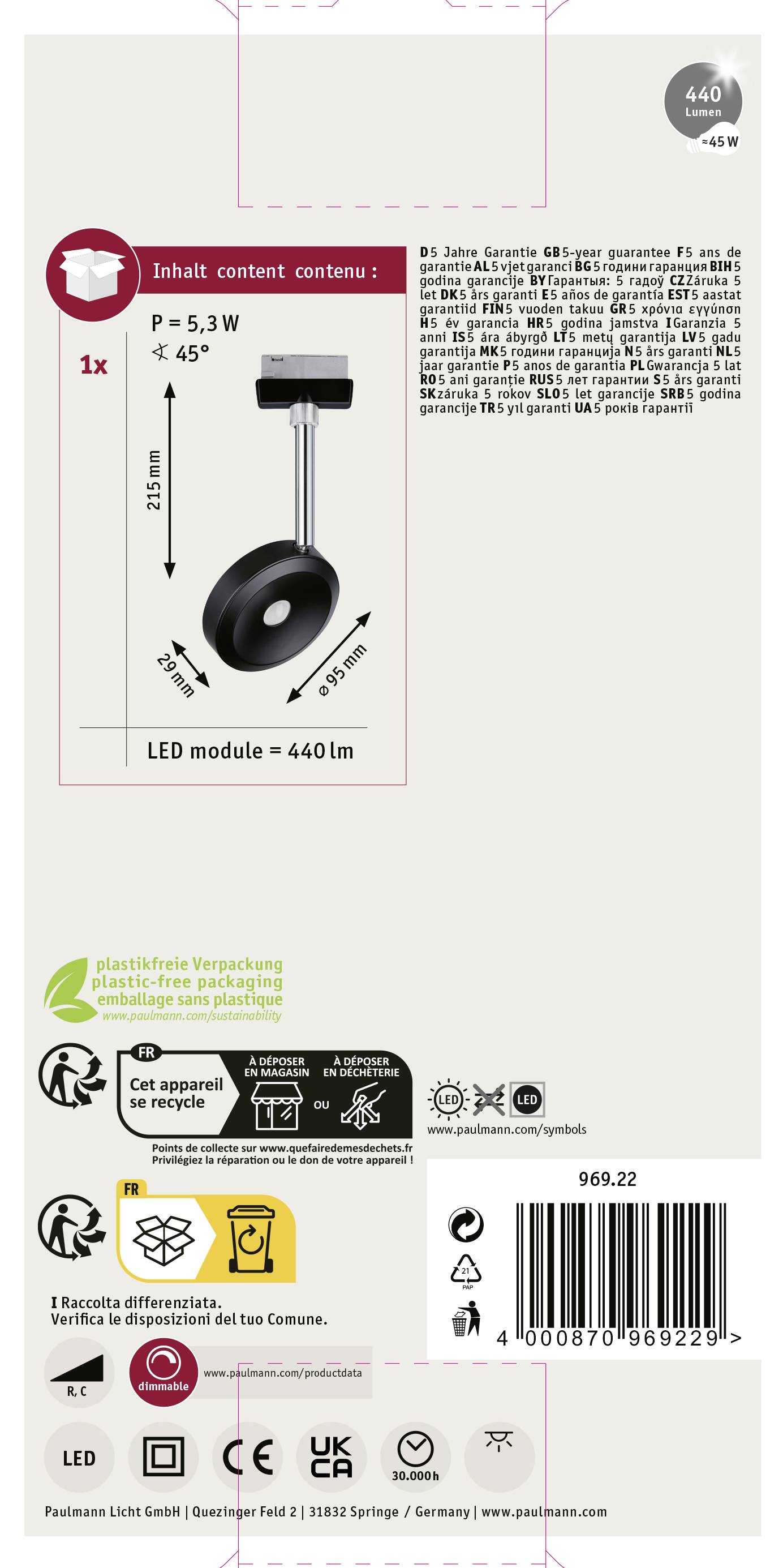 'Packaging for an LED module with 440 lumens, 5.3W, 45° beam angle. Contains information on recycling and disposal.'